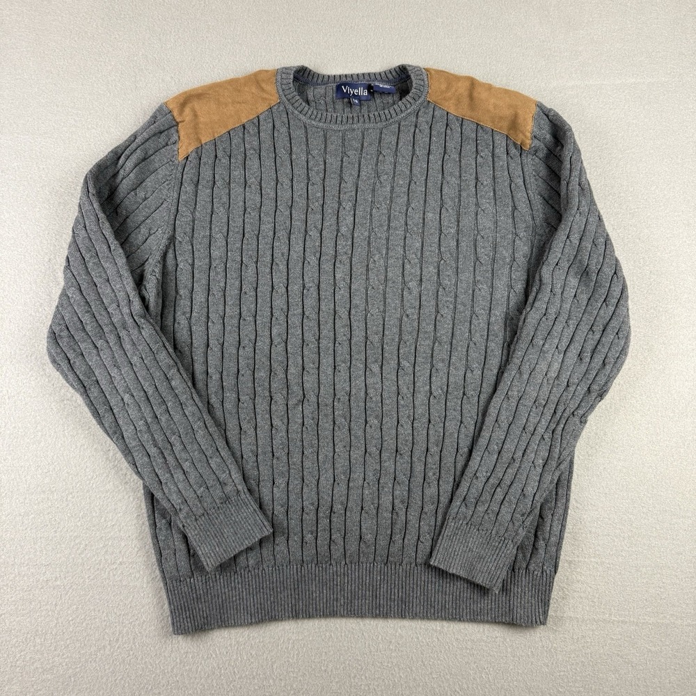VIYELLA Cable Knit Sweater sz Large Shoulder Patches Suede-like‎ Gray Brown